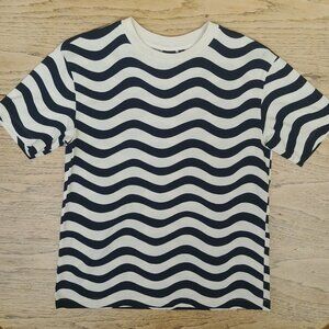 Marimekko X Uniqlo thick sturdy white and navy blue striped tee T shirt Small